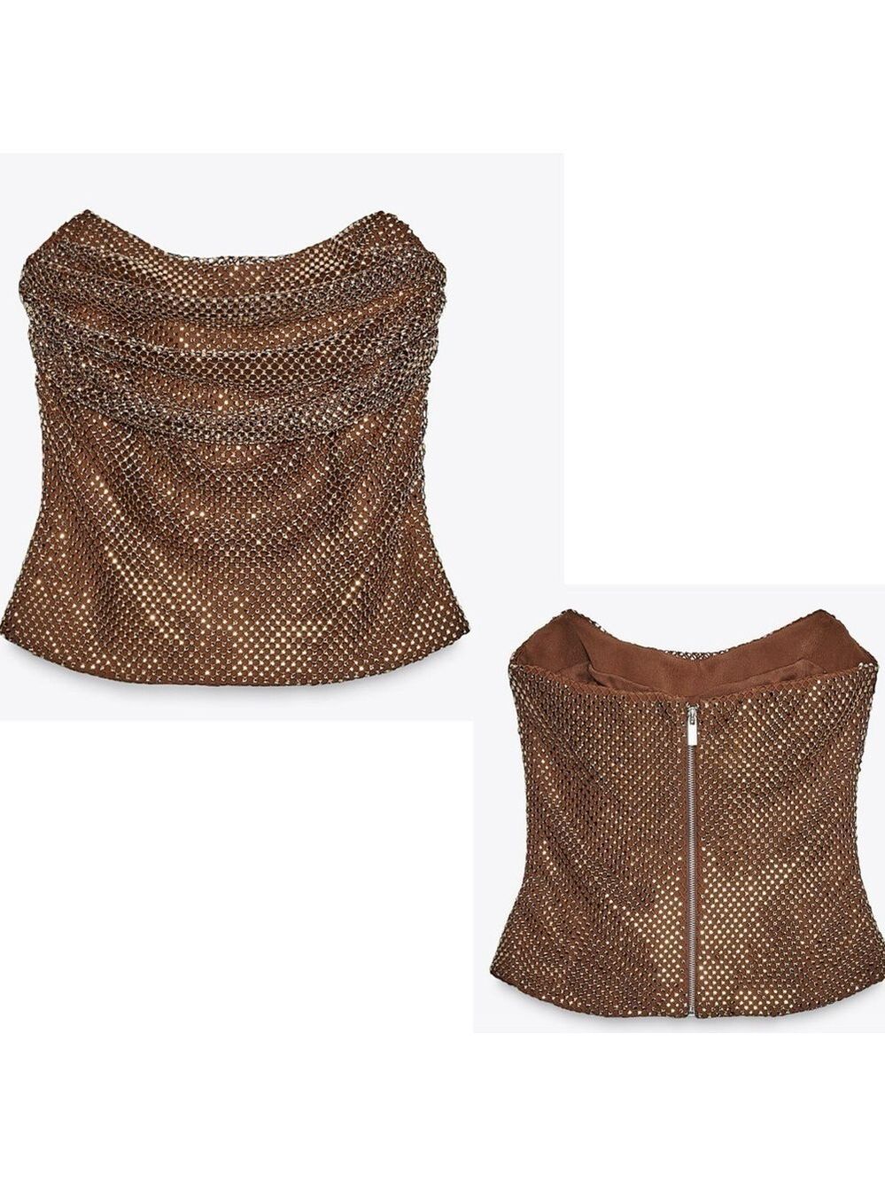 Zara Brown Bronze Crystal Rhinestone Bustier Corset Strapless Draped Top XXL NWT